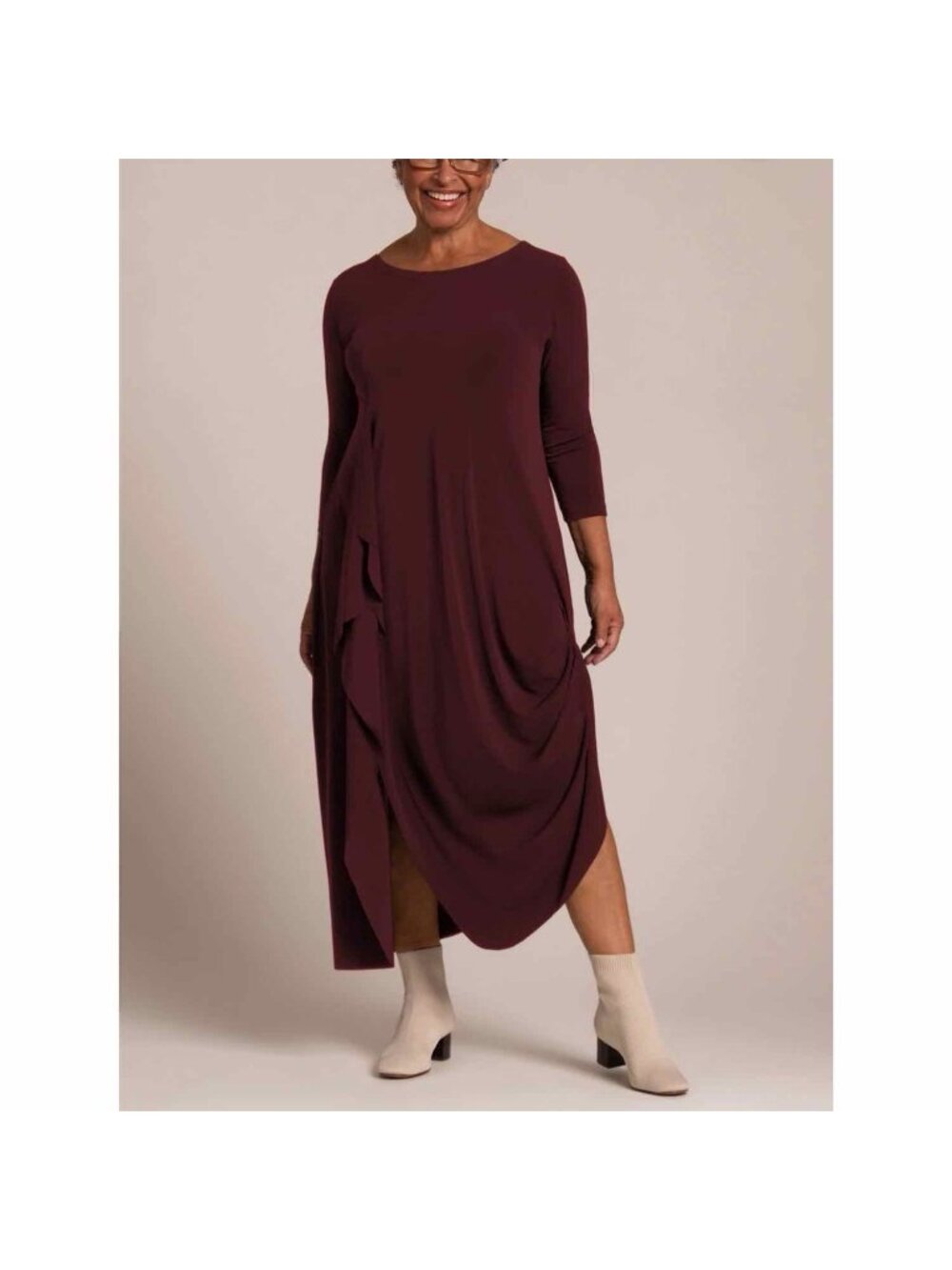 Sympli Drama Draped Jersey Asymmetrical Midi Dress Burgundy Lagenlook